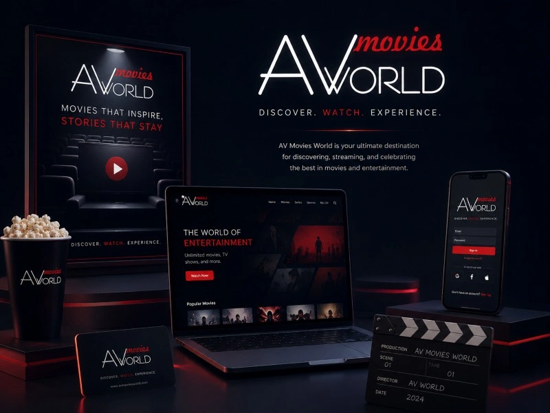 Παρουσίαση branding για το AVMoviesWorld με λογότυπο, κινηματογραφική αισθητική και εταιρική ταυτότητα