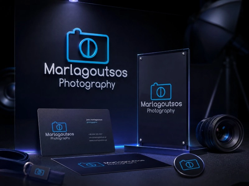 Παρουσίαση branding για το Marlagoutsos Photography με λογότυπο, φωτογραφική αισθητική και εταιρική ταυτότητα