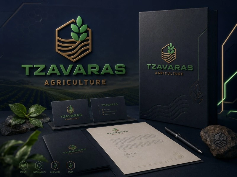 Παρουσίαση branding για το Tzavaras Agriculture με λογότυπο, εταιρική ταυτότητα και χρωματική παλέτα